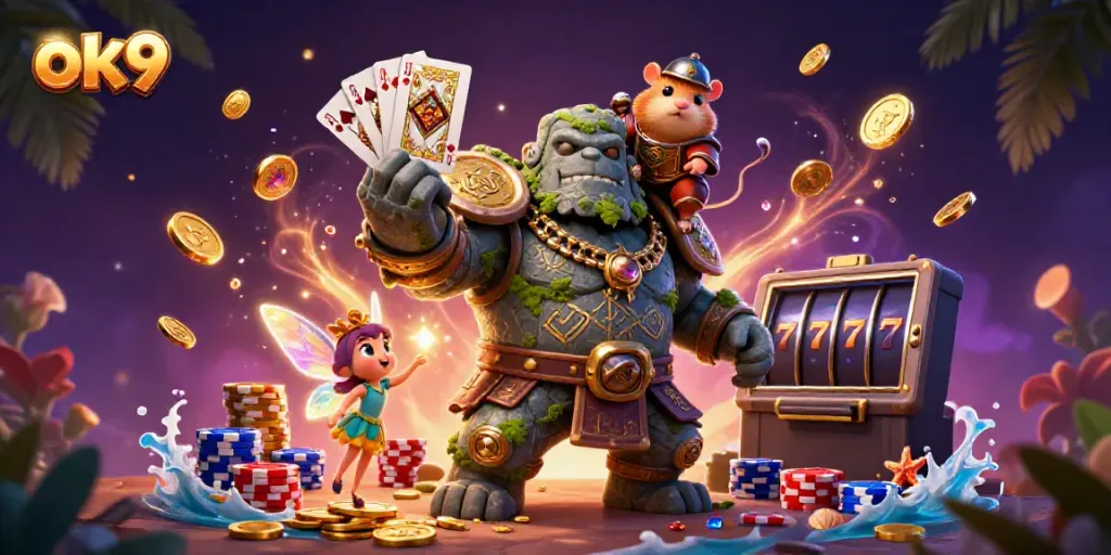 Engage in thrilling gameplay with ok9 as a magical golem and friends bring casino fun to life!