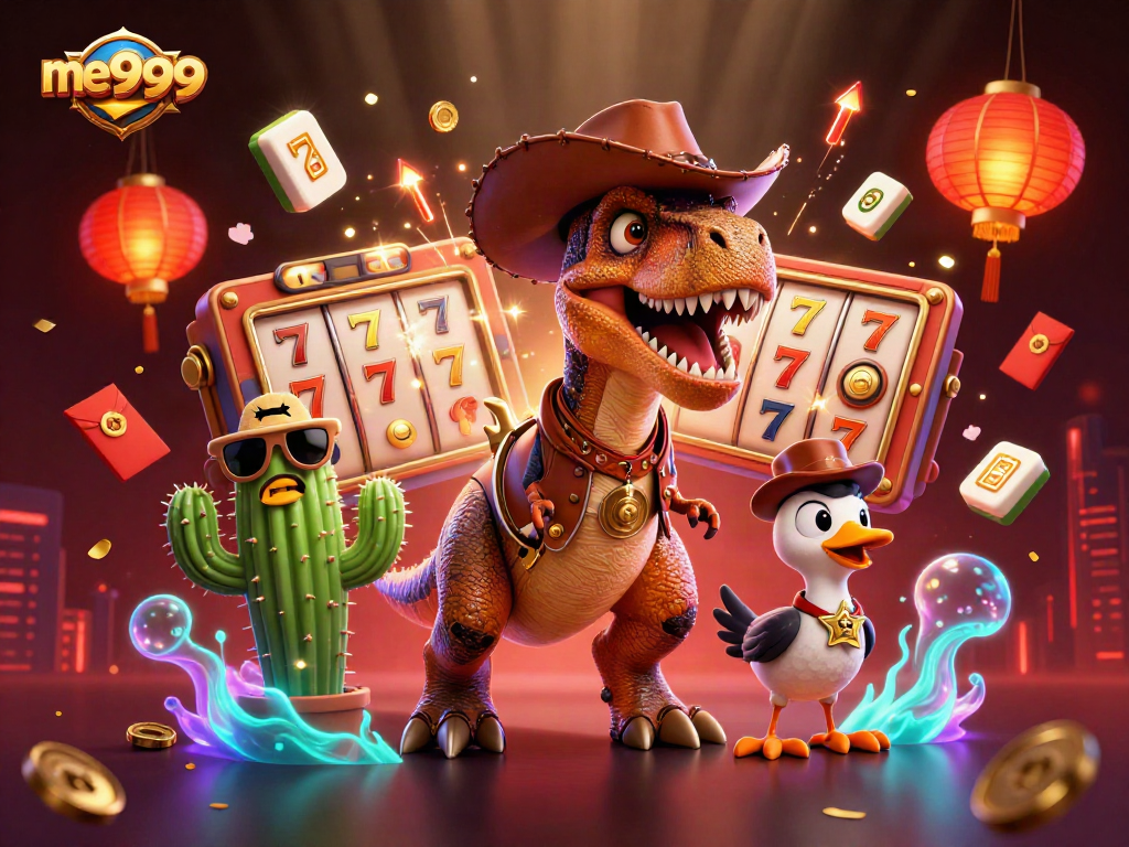 Join in the excitement at me999 as the cowboy dinosaur spins slot reels surrounded by vibrant symbols.