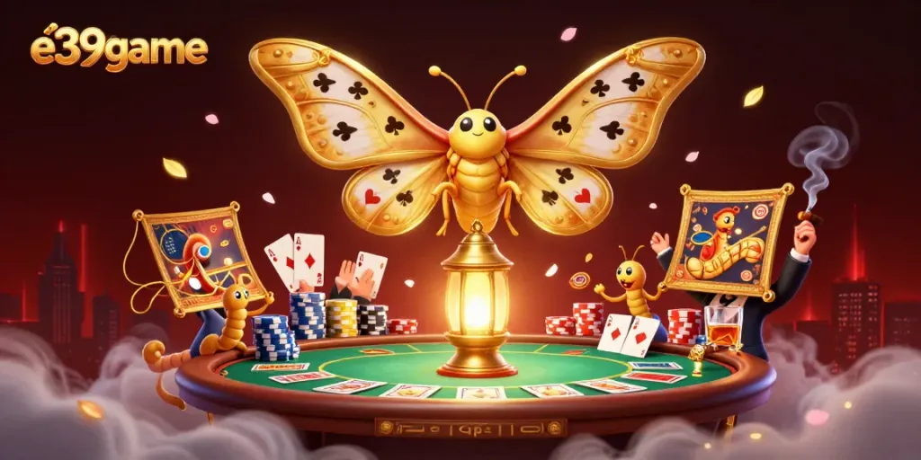 Experience thrilling action at e39game with an epic casino scene featuring golden moths and poker elements.