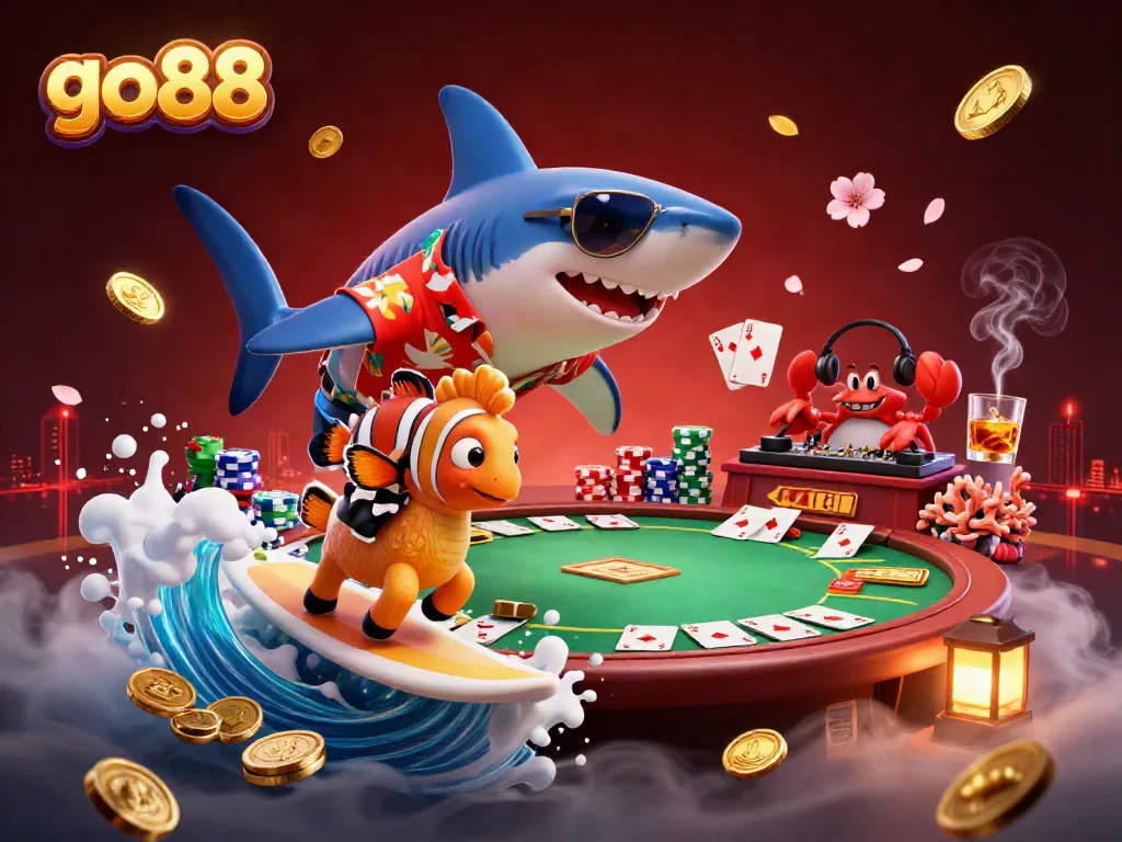 Engage with go88 as a cartoon shark surfs gold coins surrounded by poker elements in a vibrant fantasy casino scene.