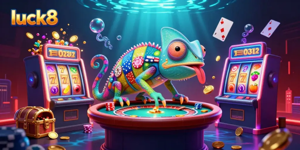 Experience luck8's vibrant casino atmosphere with a playful chameleon owner amidst exciting game elements.