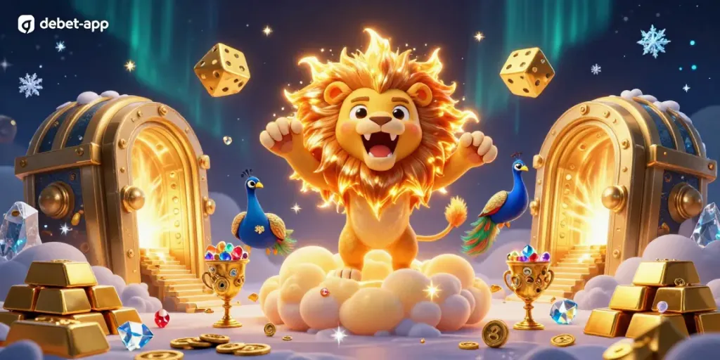 Experience the thrill of debet-app with a vibrant and dynamic scene featuring a roaring sun lion, golden dice, and treasure.