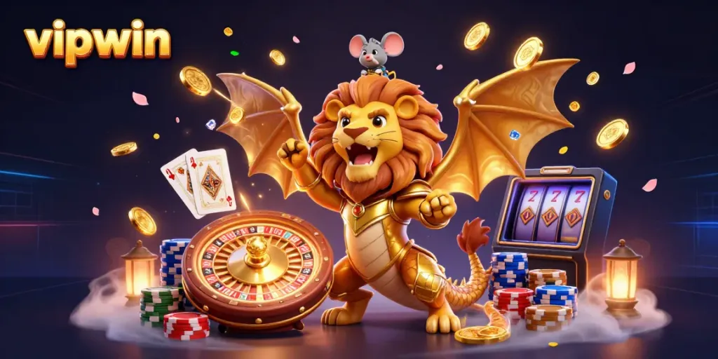Experience thrilling gameplay at vipwin with a dynamic scene featuring chimera and exciting casino elements.