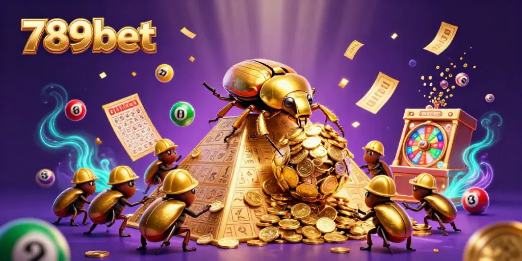 Experience thrilling action with 789bet's golden beetle rolling coins amidst dynamic lottery elements.