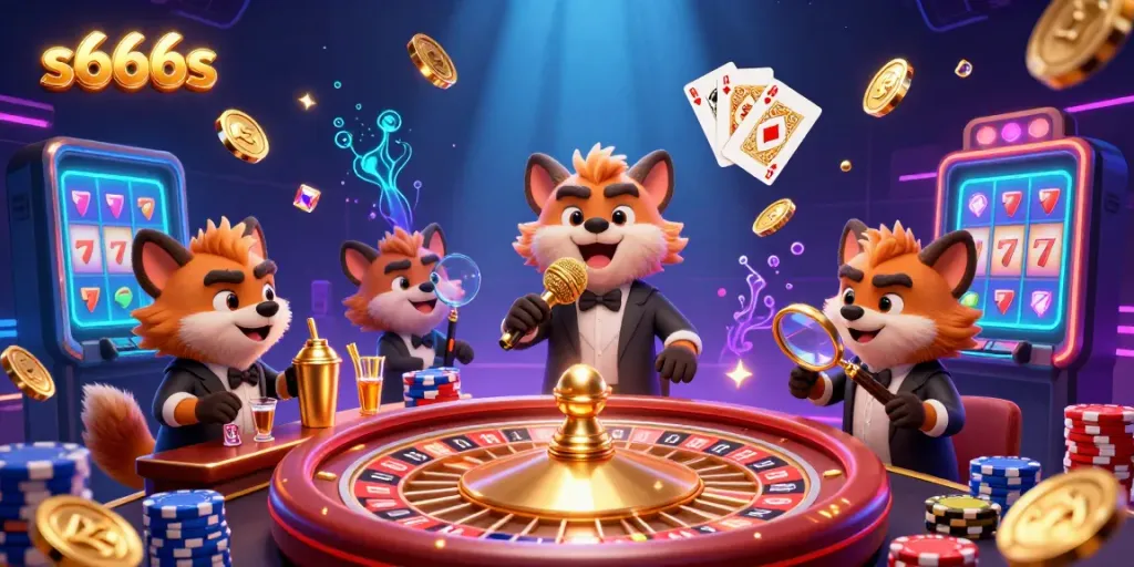 Experience the vibrant comedy casino scene with hyenas at s666s, showcasing golden coins, roulette, and lively characters.