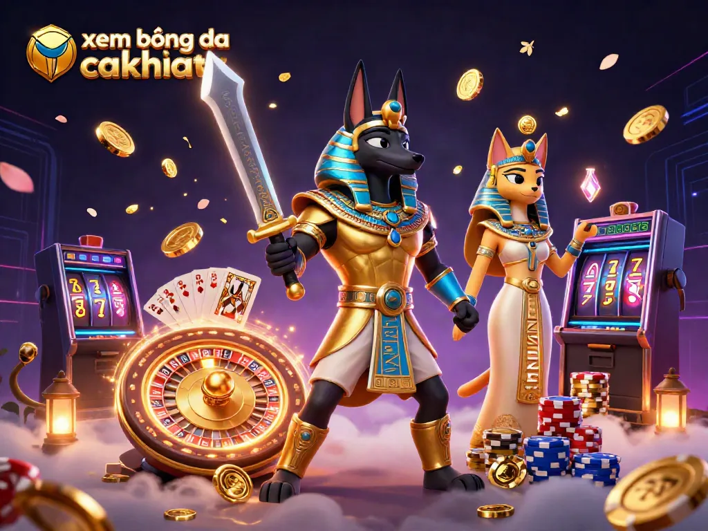 Xem bóng đá cakhiatv image of energetic 3D scene featuring Anubis and Bastet amidst cascading gambling elements.