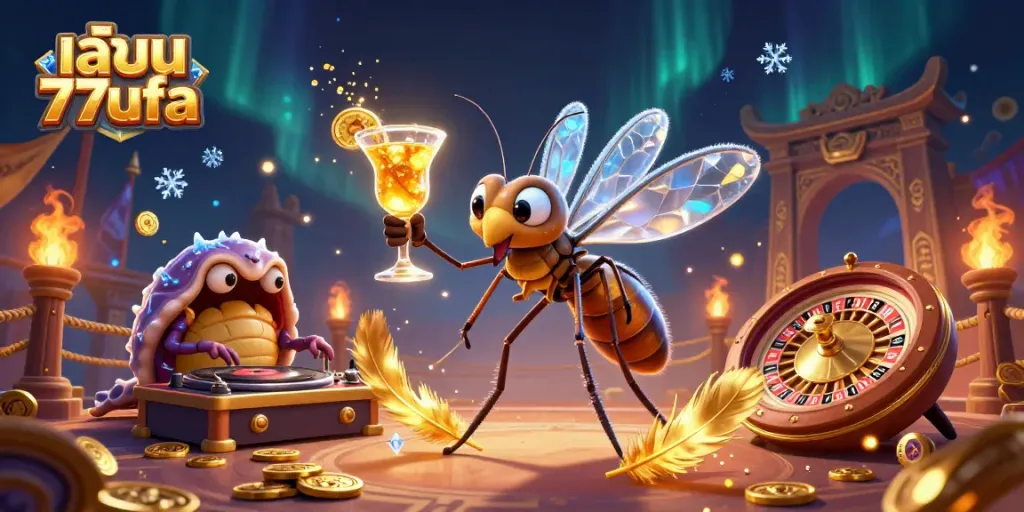 Engage with เล่น 77ufa by exploring a vibrant casino scene with cartoon characters and gaming elements.