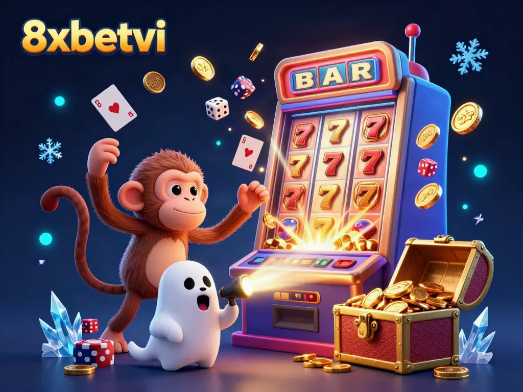 Engaging scene of playful monkey juggling golden casino items in the vibrant 8xbetvi casino.