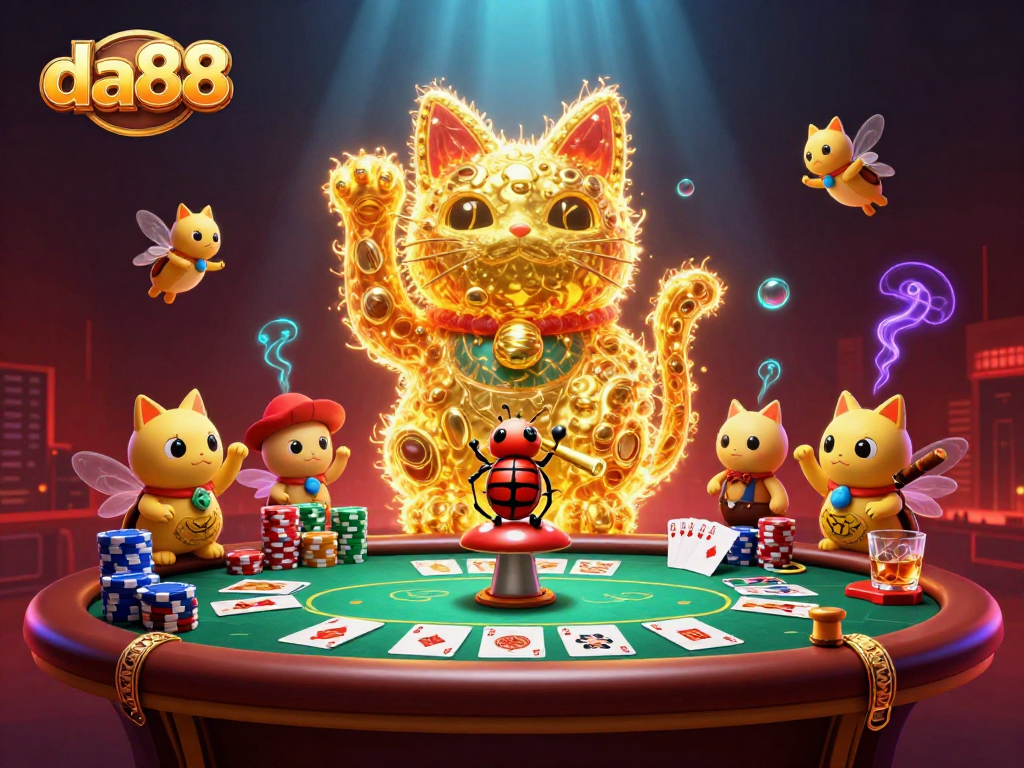 Capture da88 in a vibrant casino scene filled with poker chips, cards, and golden fireflies.