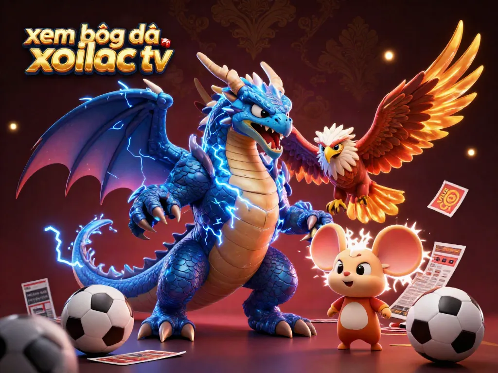 Xem bóng đá xoilac tv features a dynamic illustration of a thunder dragon, a wind hawk, and a thunder mouse, surrounded by soccer elements and vibrant energy.