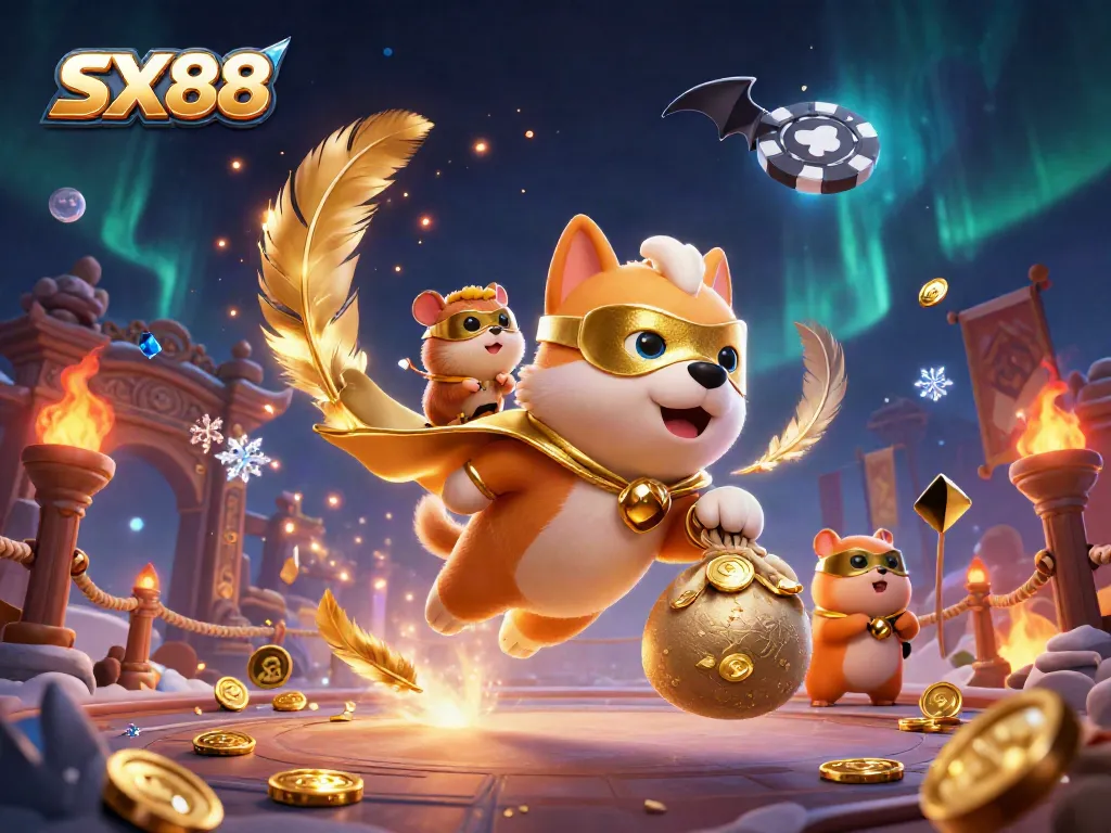 SX88-themed illustration showcasing a superhero dog with gold coins in a dynamic casino setting.