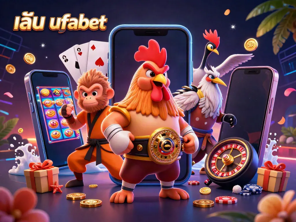 Engage in thrilling action while playing ufabet at an exciting online casino with vibrant characters and game elements bursting with energy.