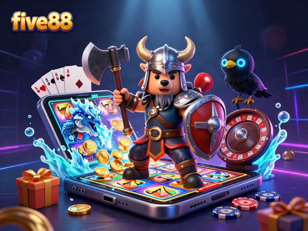 Spin to win at five88 with a Viking warrior and dragon amidst a vibrant casino scene.