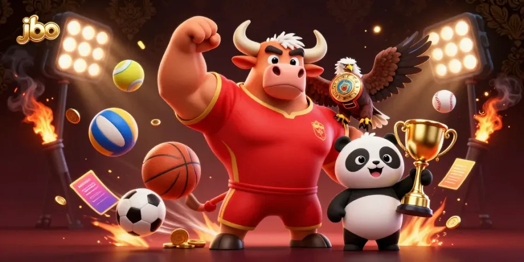 Engage with jbo's thrilling sports betting atmosphere as a bull mascot celebrates victory with an eagle and panda.