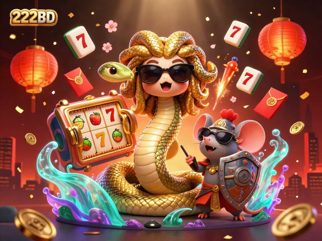 Experience the excitement of 222BD with a vibrant casino scene featuring Medusa, lucky symbols, and festive elements.