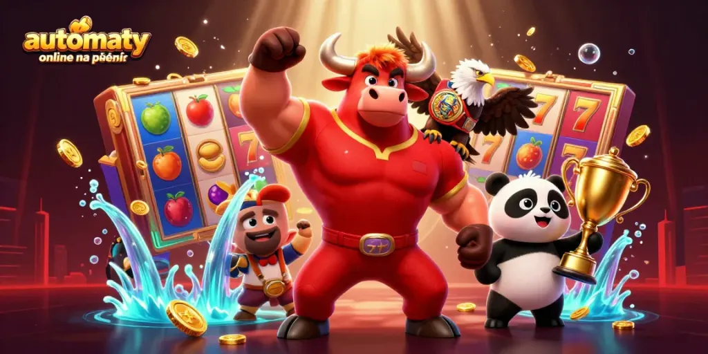 Engage in automaty online na pieniądze with a vibrant scene featuring slot reels, a victorious bull, an eagle, and a trophy.