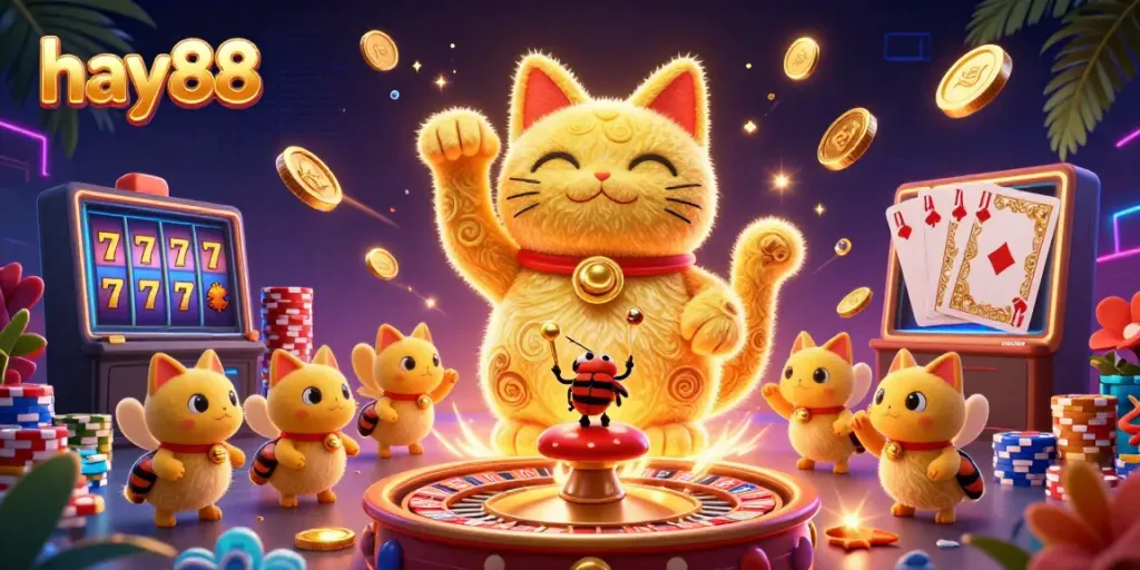 Experience the vibrant energy of hay88 with a dynamic golden lucky cat illustration amidst cascading casino symbols.