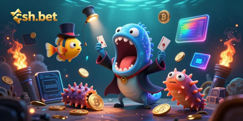 Experience exciting gaming at sh-bet with a magical underwater scene featuring vibrant 3D characters and glowing crypto elements.