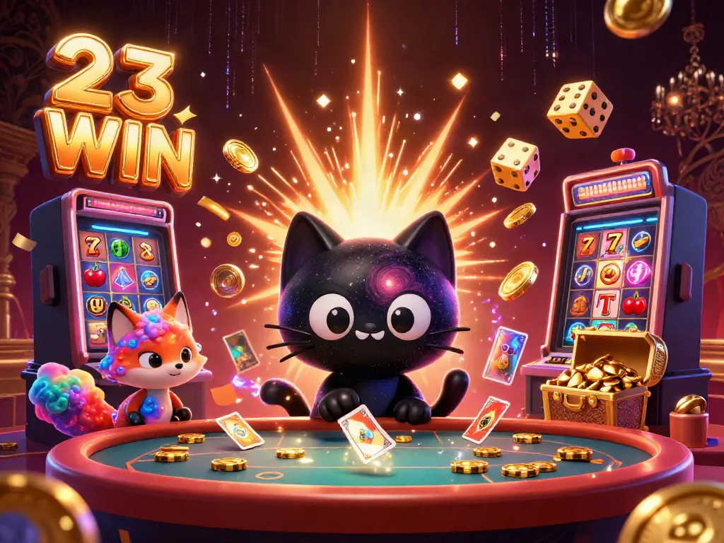 Experience the thrill of 23 WIN with a cosmic casino illustration featuring a black hole cat and a nebula fox.