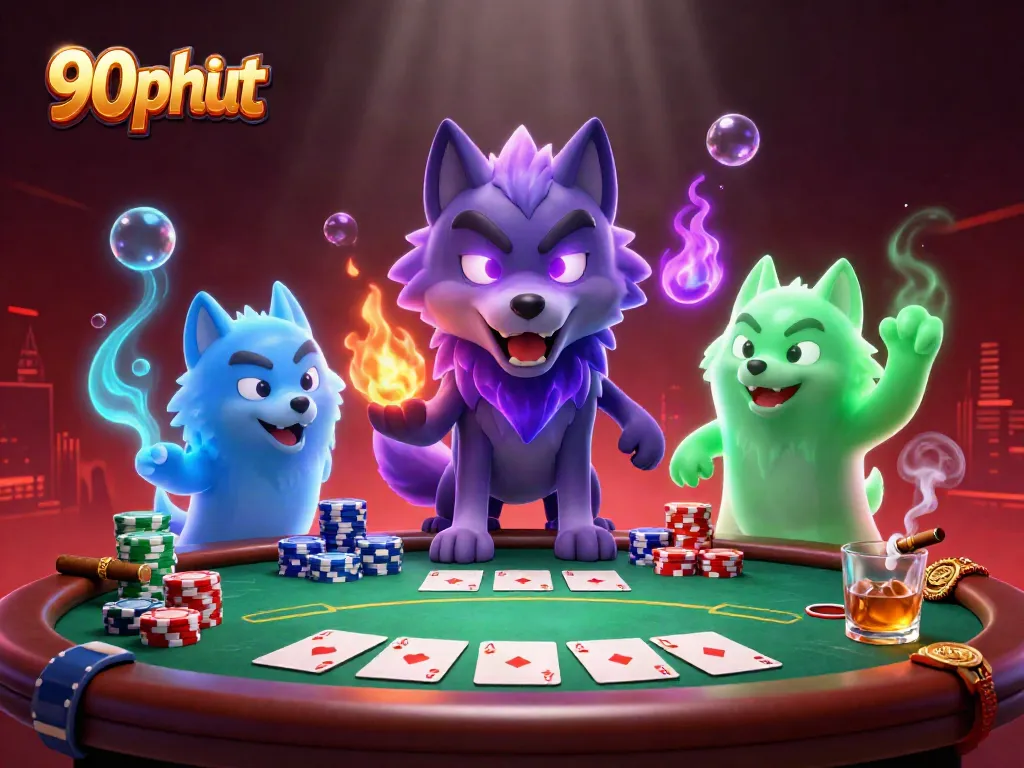 Engage with 90phut’s thrilling poker scene featuring a dynamic cartoon wolf pack.