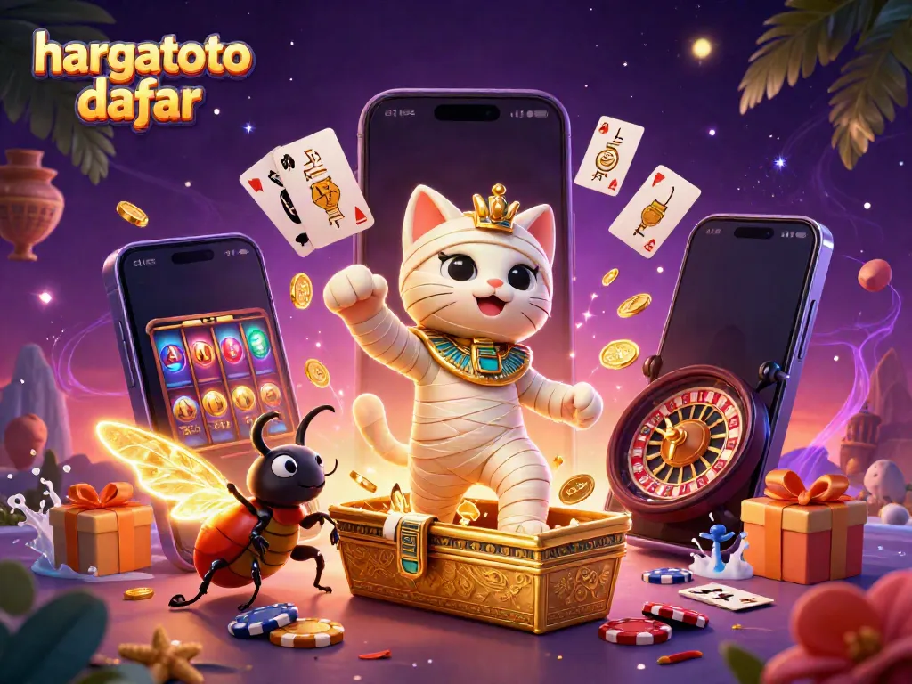 Engage with hargatoto daftar through a vibrant 3D casino scene featuring a mummy cat and gaming elements.