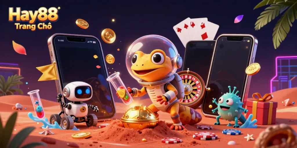 Experience the excitement of Hay88 Trang Chủ with a Martian gecko discovery scene featuring colorful casino games.