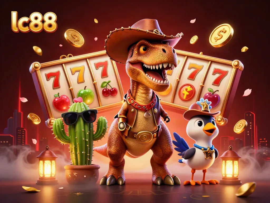 Engage in thrilling slot action with lc88 featuring a T-Rex and vibrant casino elements.