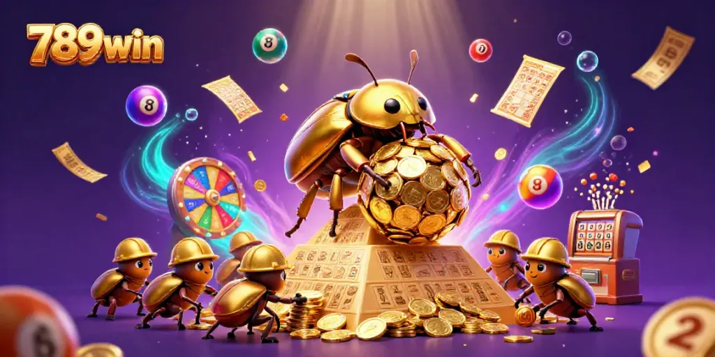 Experience the excitement of 789win with a vibrant casino-themed scene featuring golden creatures and playful lottery elements.