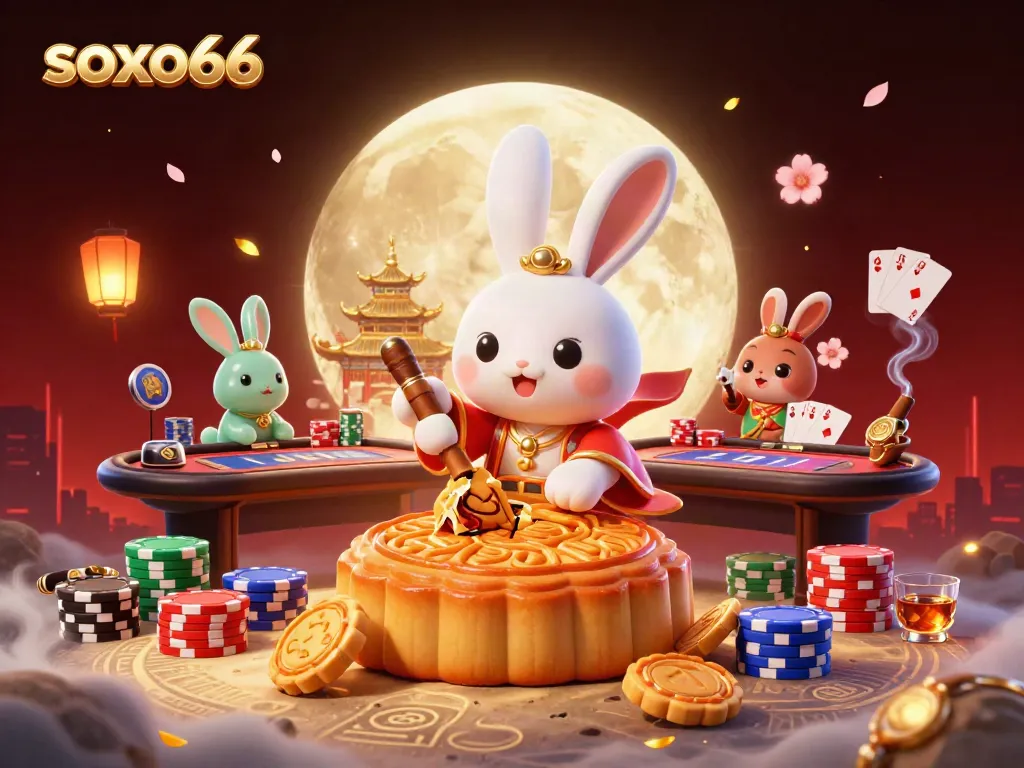 Experience soxo66 excitement with a cartoon moon rabbit at a lively poker scene on the moon.