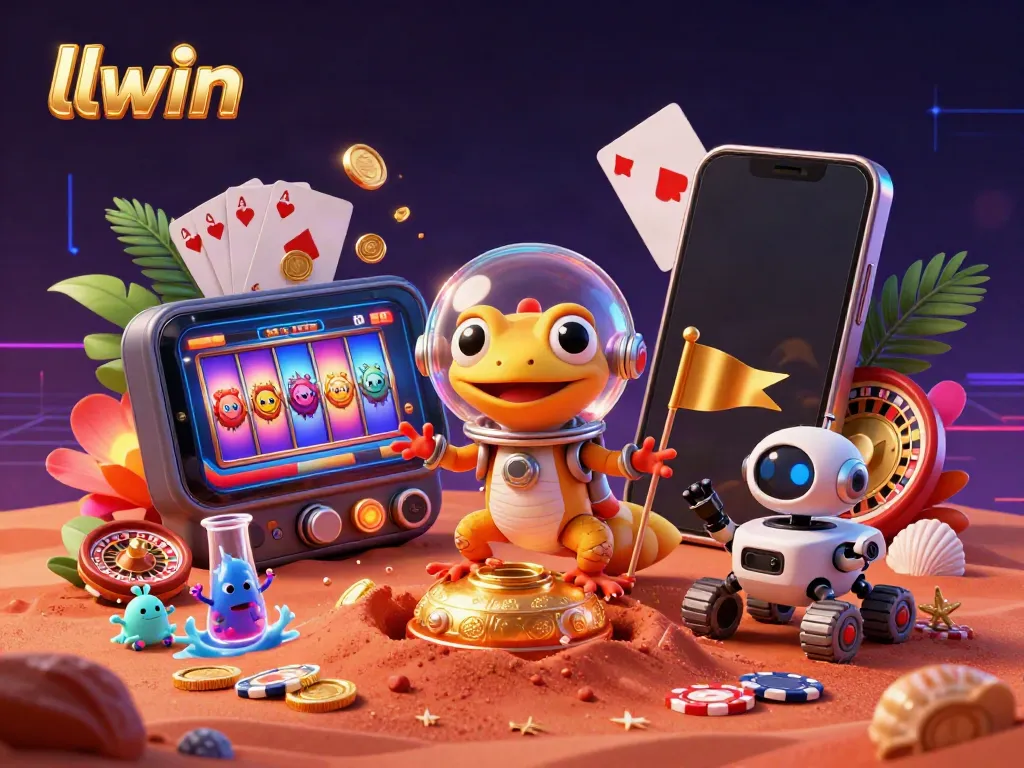 Experience gaming excitement at llwin with a vibrant 3D casino scene featuring a Martian gecko and engaging game elements.