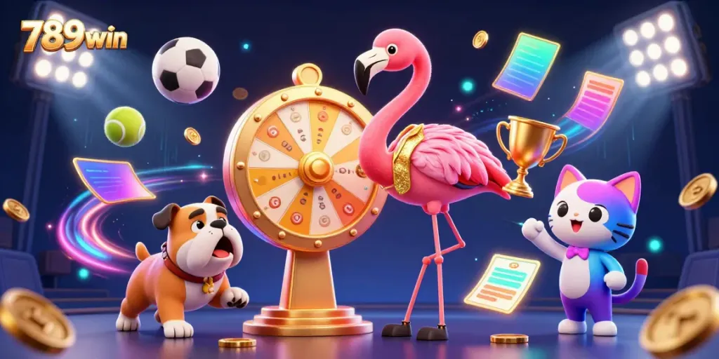 Engaging scene of 789win with a flamboyant flamingo host, excited bulldog contestant, and treasure prizes.