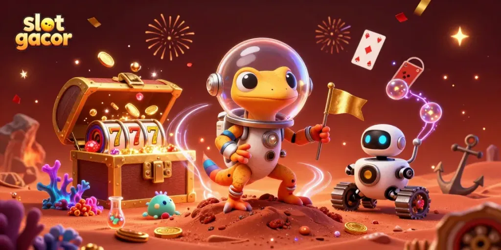 Experience the excitement of slot gacor in a vibrant alien casino scene with Martian characters and dynamic gaming elements.
