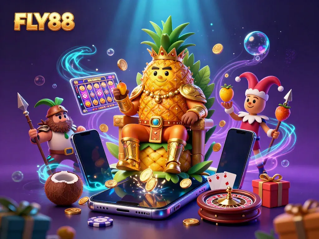 Experience FLY88 with a vibrant casino scene featuring a golden pineapple king surrounded by exciting game elements.