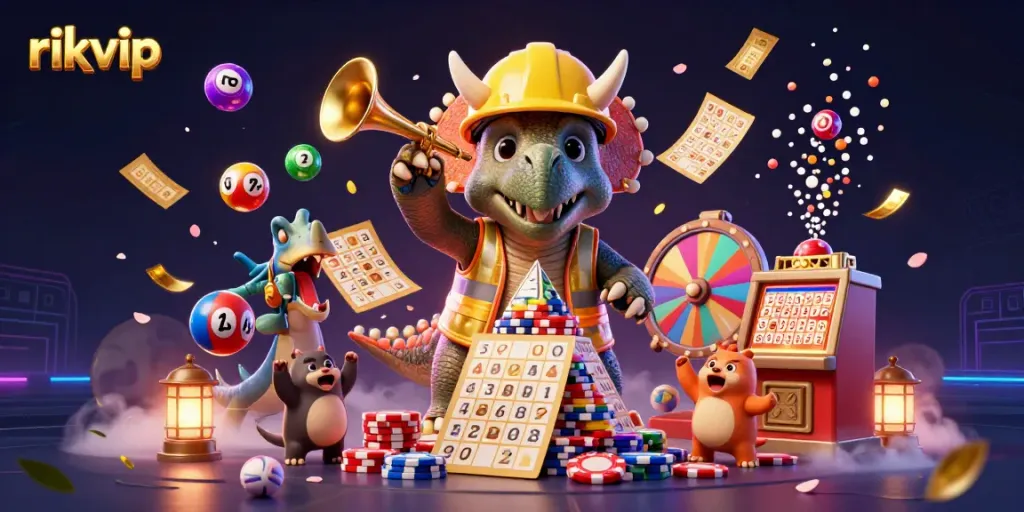 Experience the thrill of rikvip with colorful lottery balls and dynamic casino elements in a festive scene.