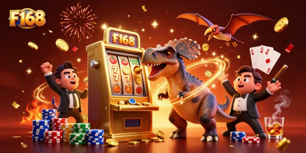 F 168 jackpot scene with pachycephalosaurus, slot machine payout, and vibrant casino elements.