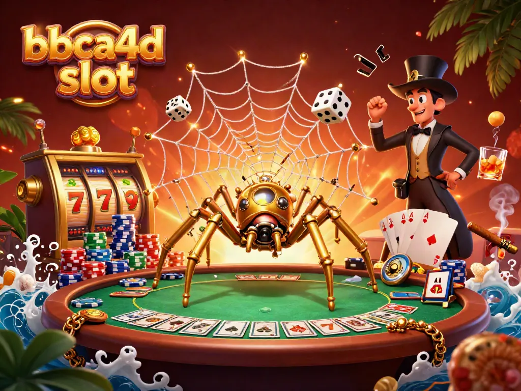 Jelajahi fitur slot dalam ilustrasi 3D menarik dari bbca4d slot dengan laba-laba dan simbol keberuntungan.