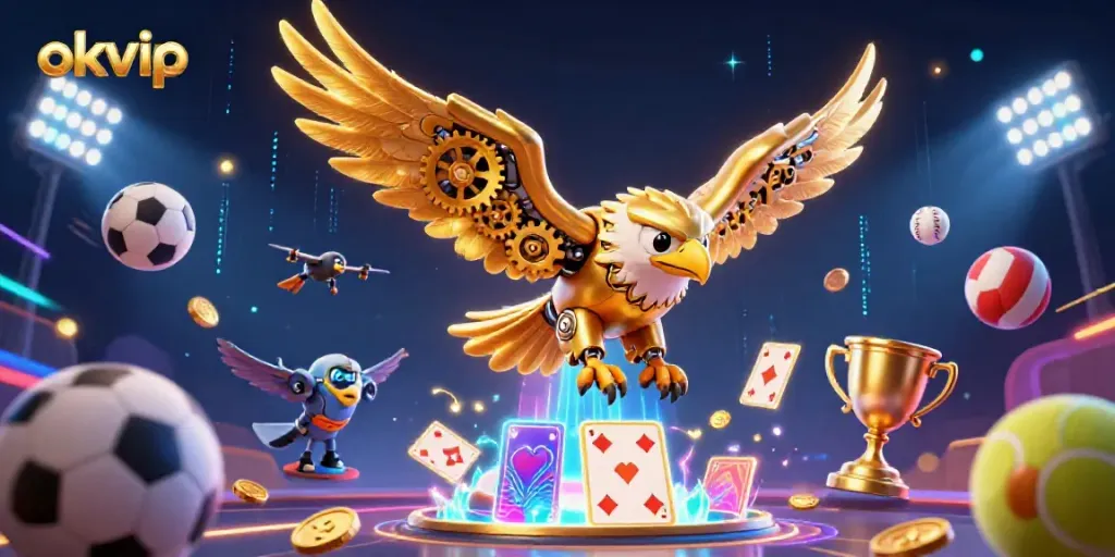 Experience exhilarating gaming at okvip, featuring vibrant 3D illustrations of animated casino elements.