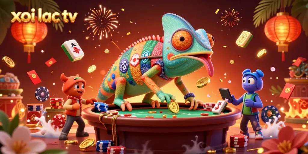Experience thrilling gaming at xoi lac tv with vibrant casino elements and a unique chameleon mascot.