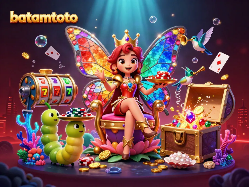 Experience the vibrant casino scene with batamtoto's dazzling butterfly queen and dynamic slot machine elements.