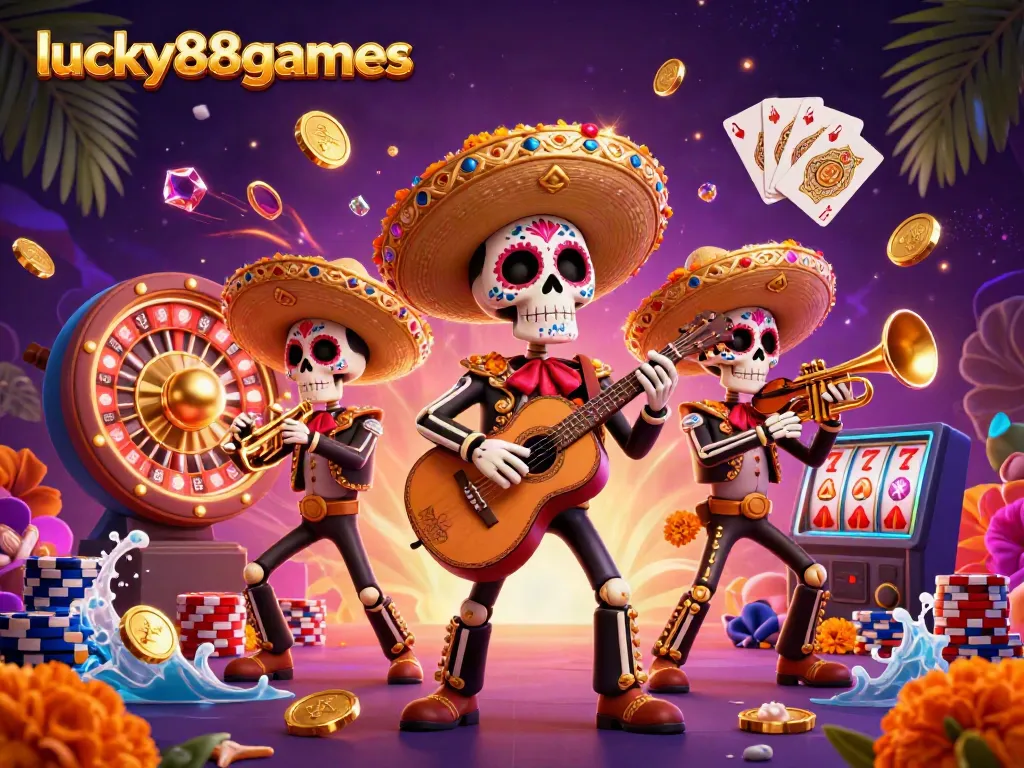 Engage in thrilling gameplay at lucky88games with energetic mariachi skeletons celebrating casino wins.