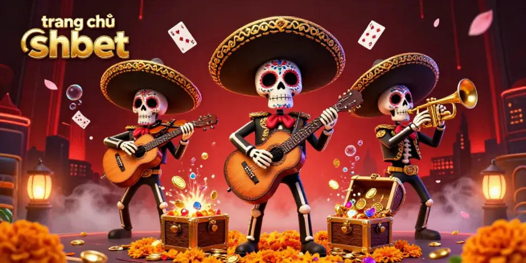 Celebrate gaming with the vibrant scene at trang chủ shbet featuring festive skeleton musicians.
