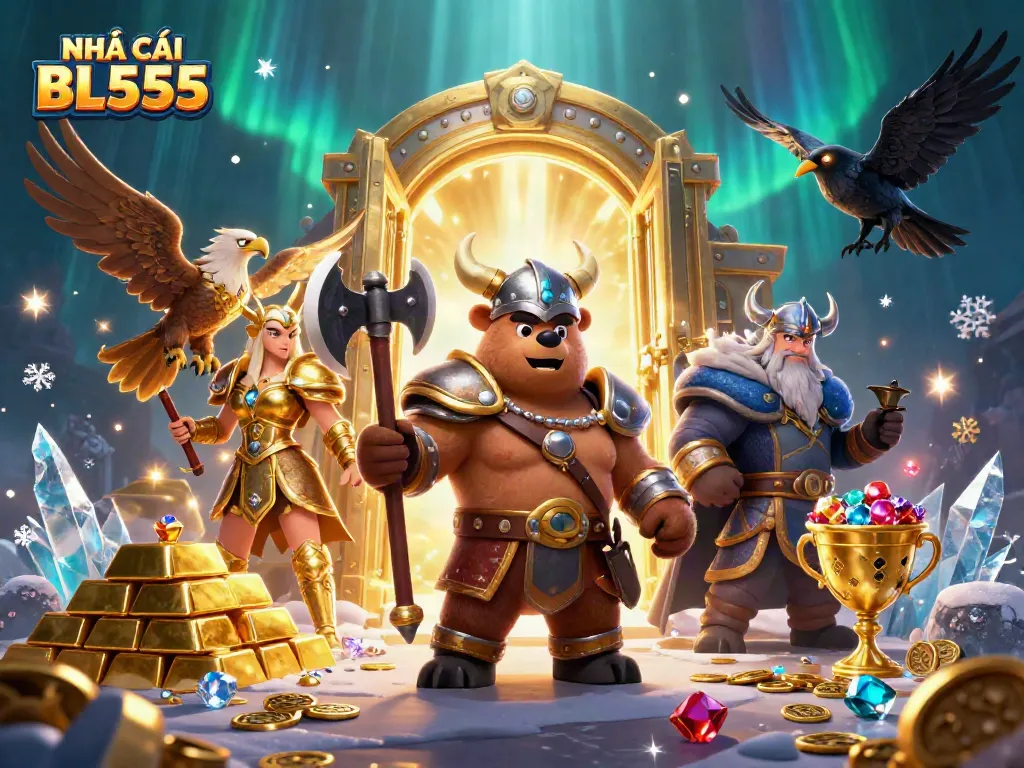 Catching wins at NHÀ CÁI BL555 with a Viking bear, Valkyrie eagle, and treasures.