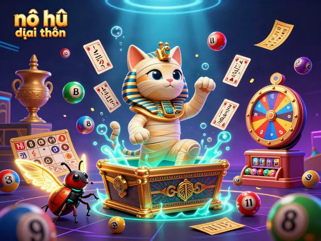 Engaging scene of nổ hũ đổi thưởng with a mummy cat, glowing scarab, and vibrant gaming elements.