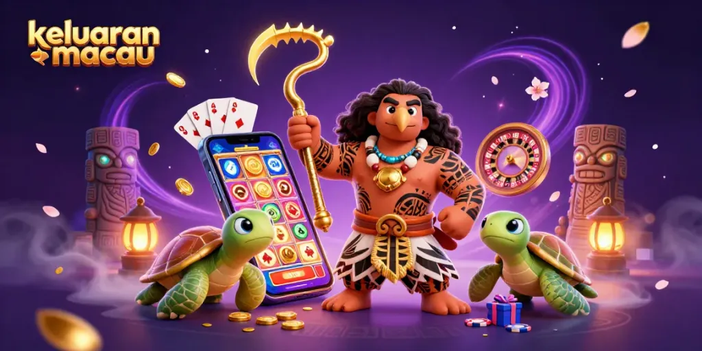 Keluaran macau dengan ilustrasi 3D demigod Maui dan penyu, permainan slot, dan suasana kasino.