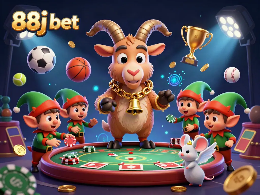 Experience the excitement of 88j bet in a vibrant holiday-horror casino with cartoon characters and sports elements.