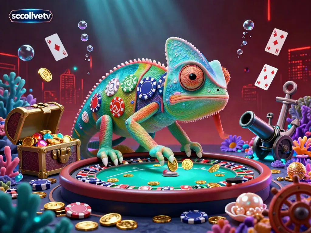 Socolivetv engages viewers with a vibrant 3D casino chameleon, showcasing colorful poker chips and lively game elements.