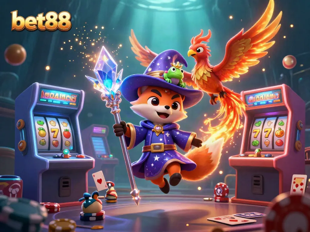 Engage with bet88's vibrant casino world through a magical illustration of adventurous characters amid dazzling gaming elements.
