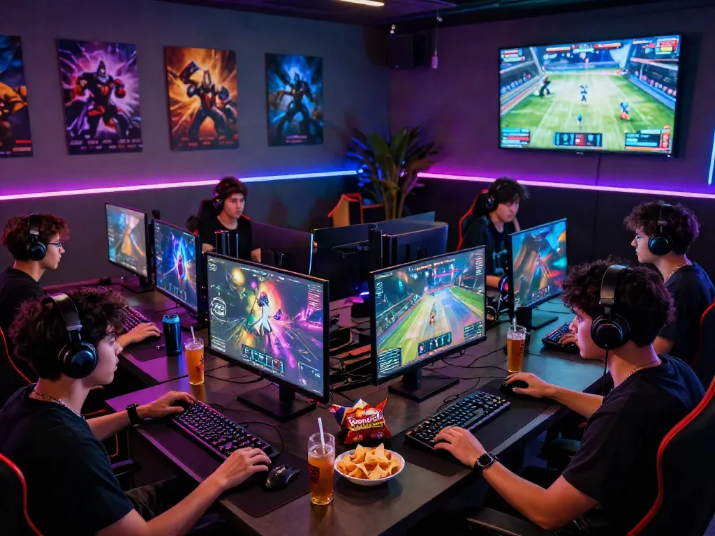 Exciting gaming scene featuring players engaged with garuda404 platform, illuminated by colorful LED lights.