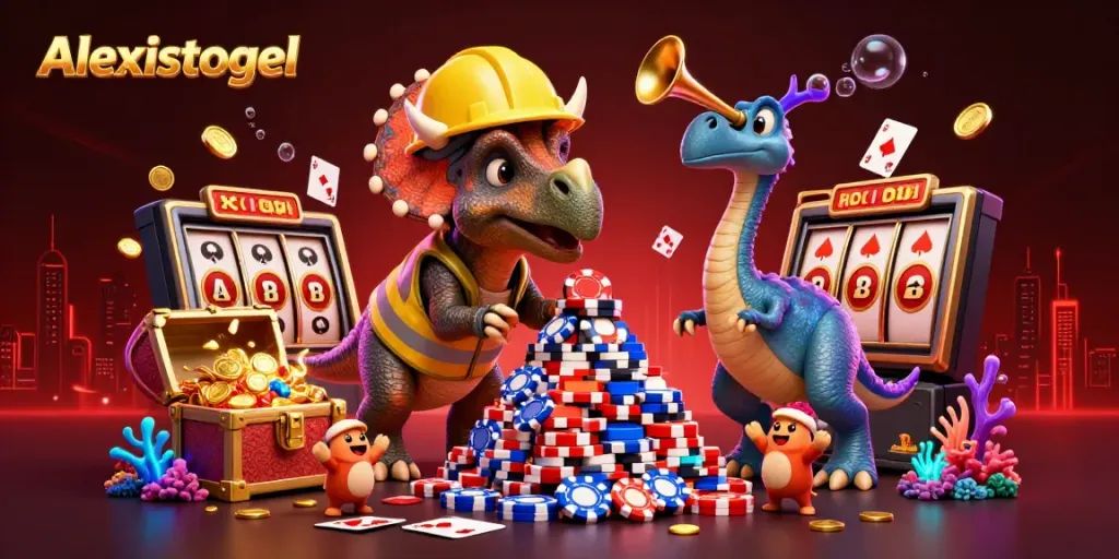 Permainan menarik di Alexistogel dengan triceratops membangun tumpukan chip poker di latar belakang kasino.