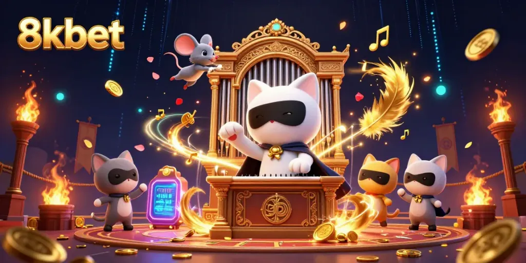 Experience the thrilling world of 8kbet with a vibrant casino scene featuring a phantom cat and acrobat.
